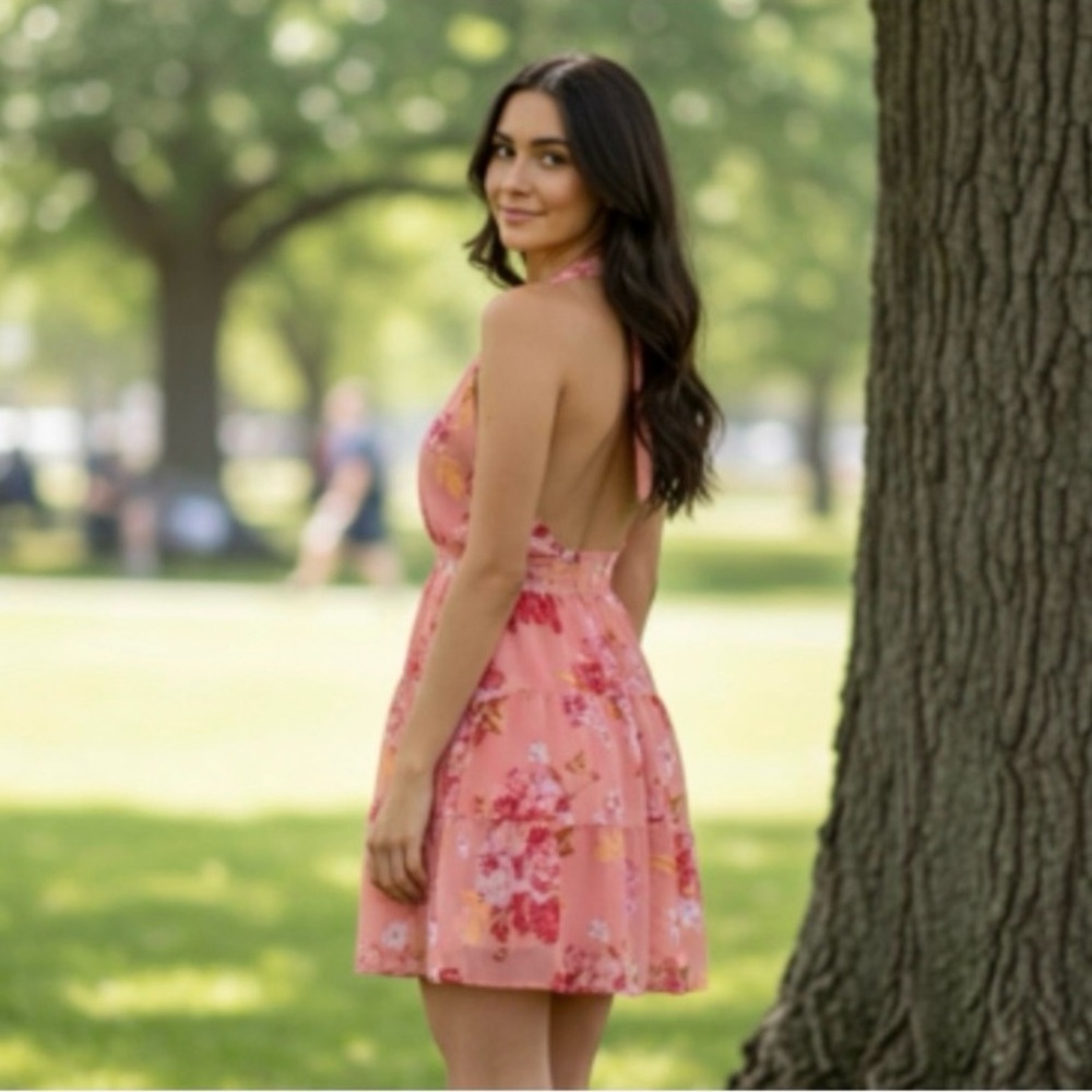 Emerald Sundae Junior's Coral Tied Smock Floral Halter Dress Orange Size X-Small - Picture 3 of 12